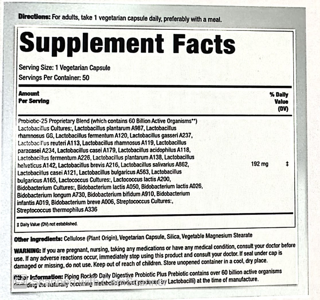 Probiotic 25 Strains 60 Billion Organisms plus Prebiotic, 50 Vegetarian Capsules