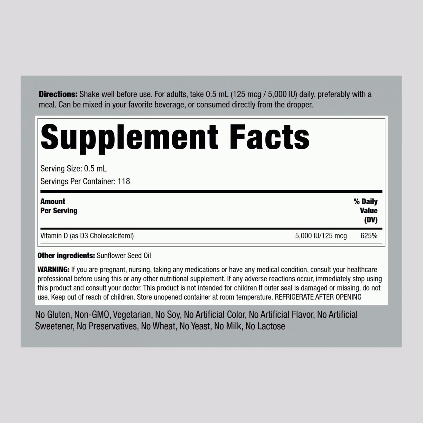 Liquid Vitamin D3, 5000 IU, 2 fl oz (59 mL) Dropper Bottle