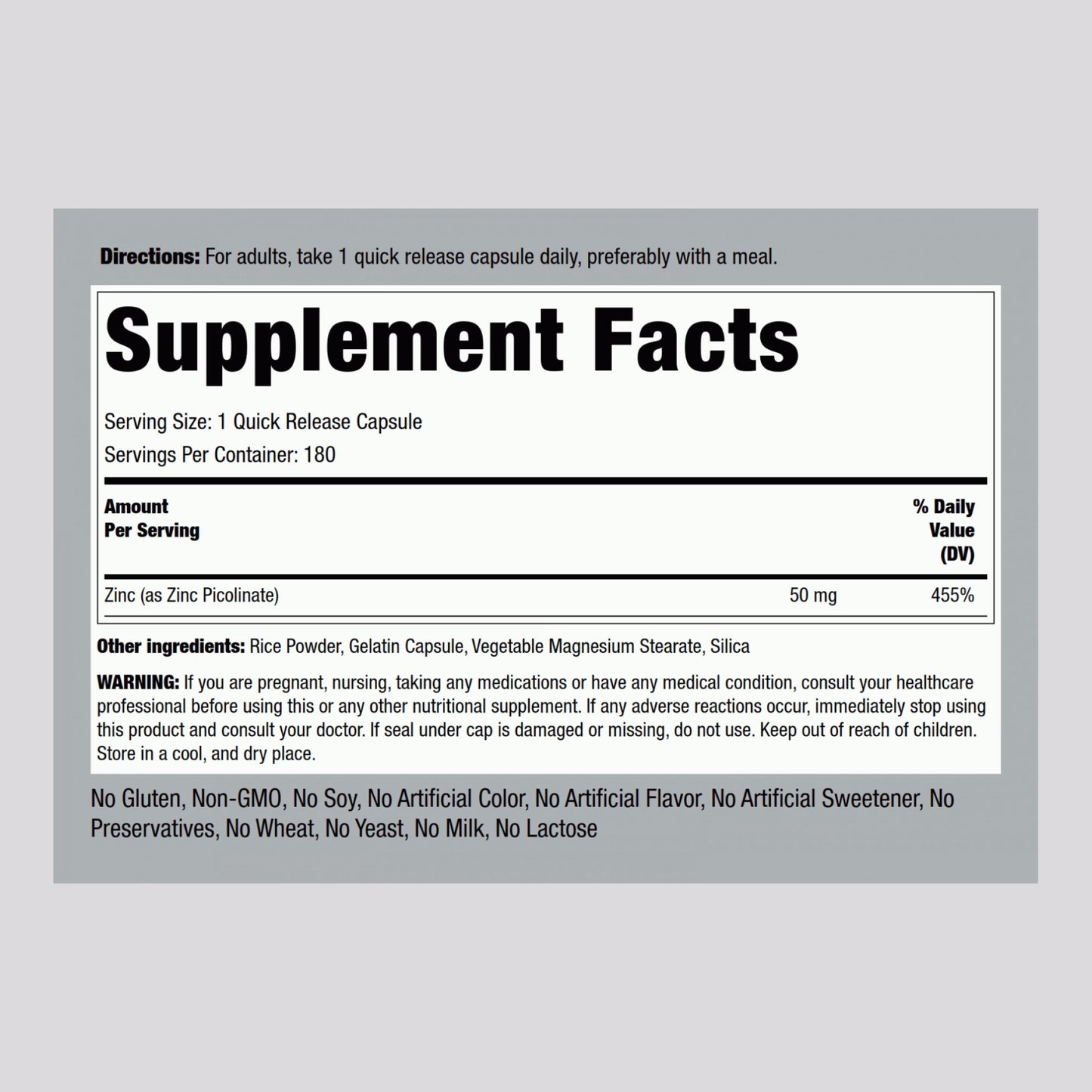 Zinc Picolinate (High Absorption Zinc), 50 mg, 180 Quick Release Capsules