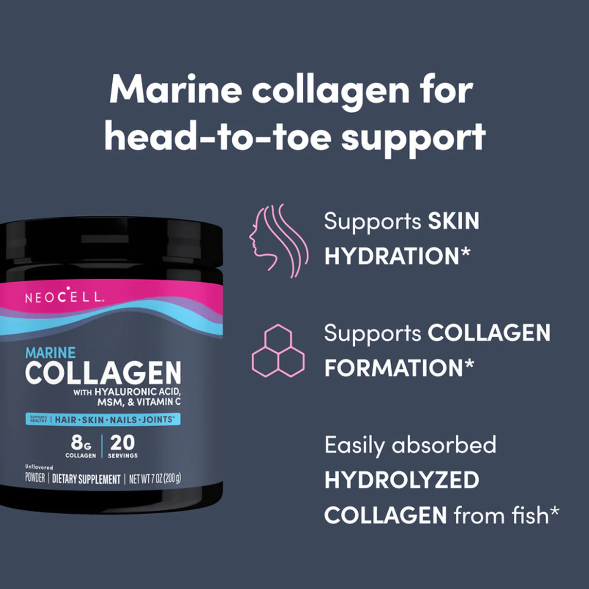 Marine Collagen Peptides + Hyaluronic Acid & C Powder, 7 oz (200 g) Powder