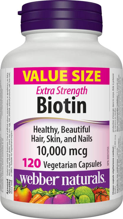 Webber Naturals Biotin 10,000 mcg Extra Strength, 120 Capsules