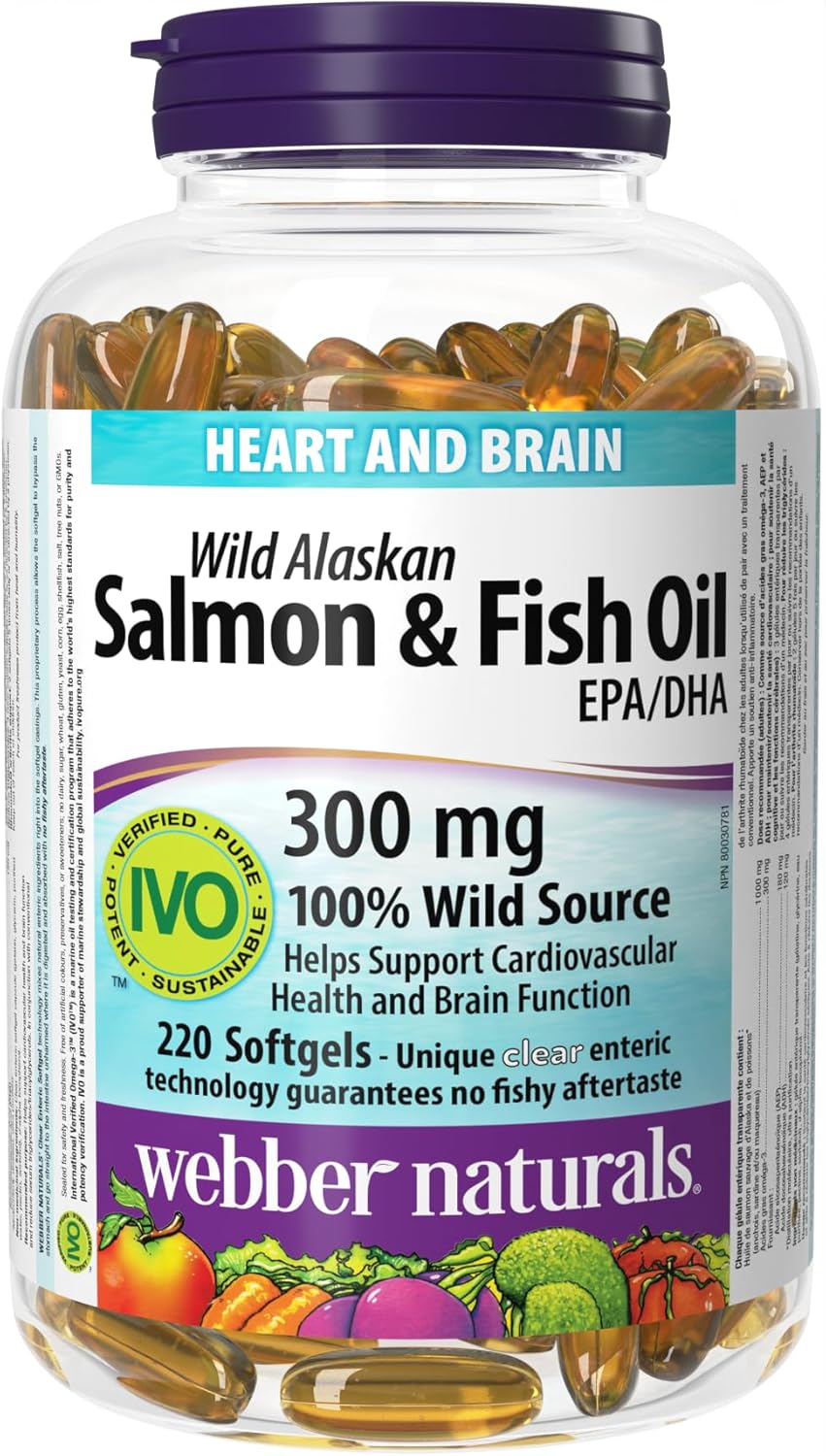 Webber Naturals Salmon and Fish Oil 300 mg, 220 Clear Enteric No Fishy Aftertaste Softgels