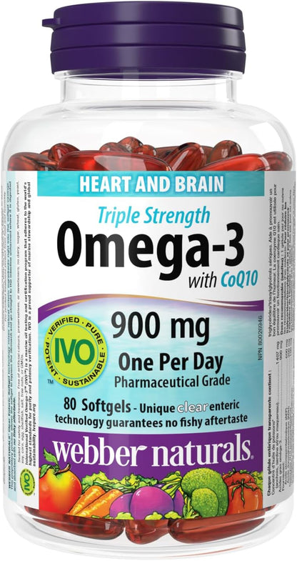 Webber Naturals Omega-3 with CoQ10, 80 Clear Enteric No Fishy Aftertaste Softgels