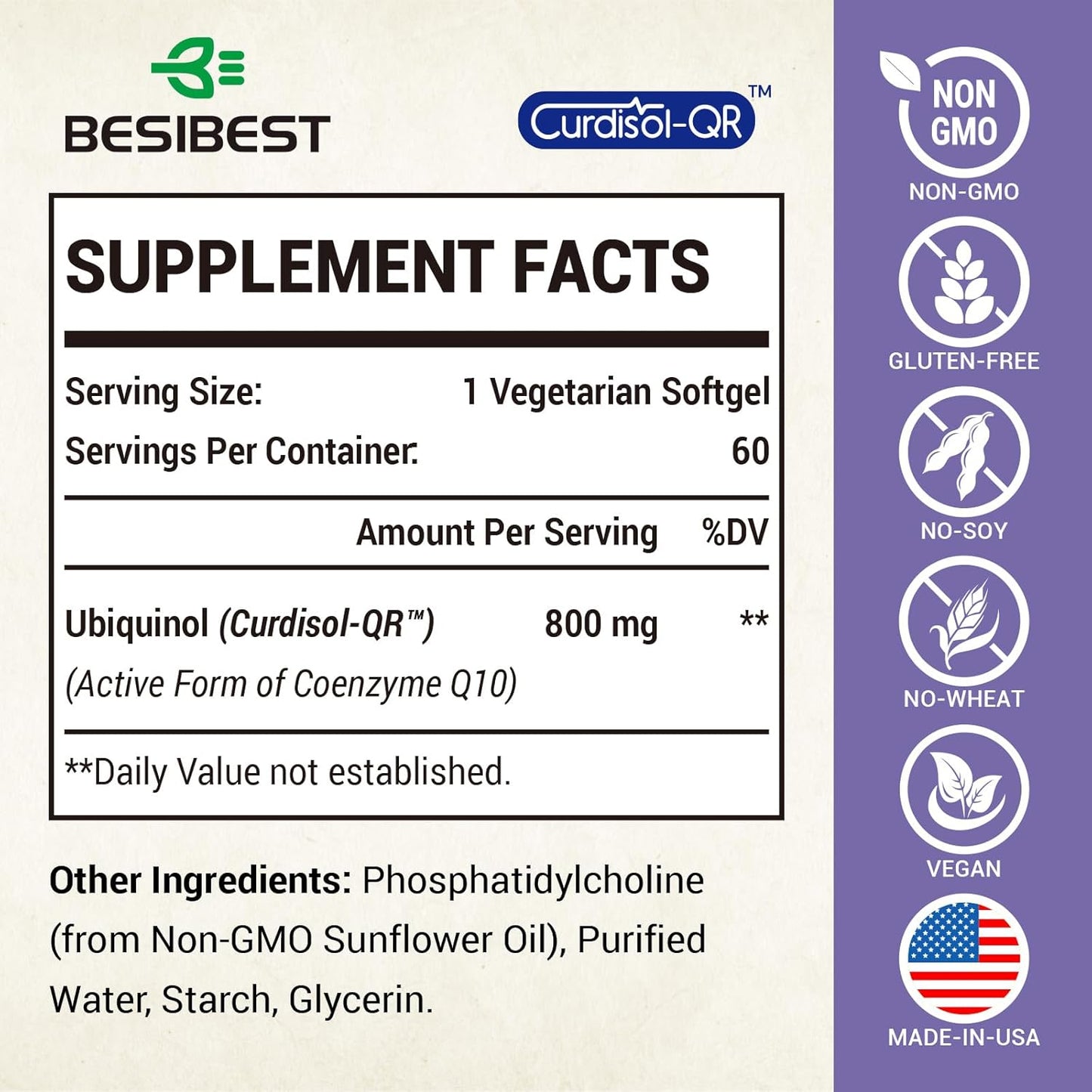BesiBest Liposomal Vegan CoQ10 Ubiquinol 800mg - 60 Softgels