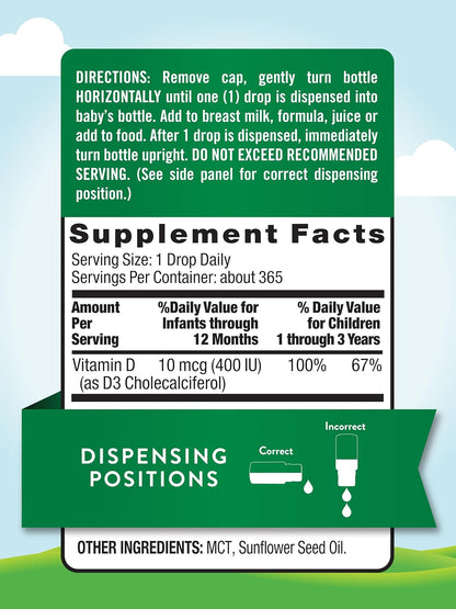Nature's Truth Vitamin D Drops for Infants | 400 IU | 9.2 mL | D3 for Kids | Vegetarian, Non-GMO & Gluten Free Supplement