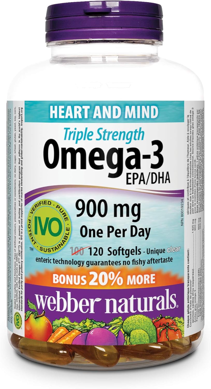 Webber Naturals Omega-3 900 mg Triple Strength, 120 Clear Enteric No Fishy Aftertaste Softgels