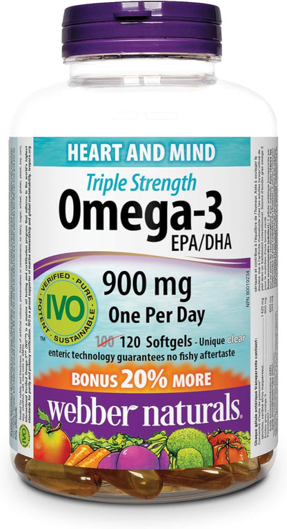 Webber Naturals Omega-3 900 mg Triple Strength, 120 Clear Enteric No Fishy Aftertaste Softgels