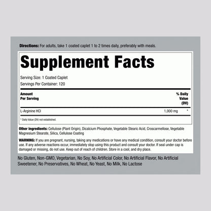 Mega Strength L-Arginine HCL, 1000 mg, 120 Coated Caplets