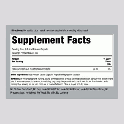 Potassium Citrate, 275 mg, 400 Quick Release Capsules, 2 Bottles
