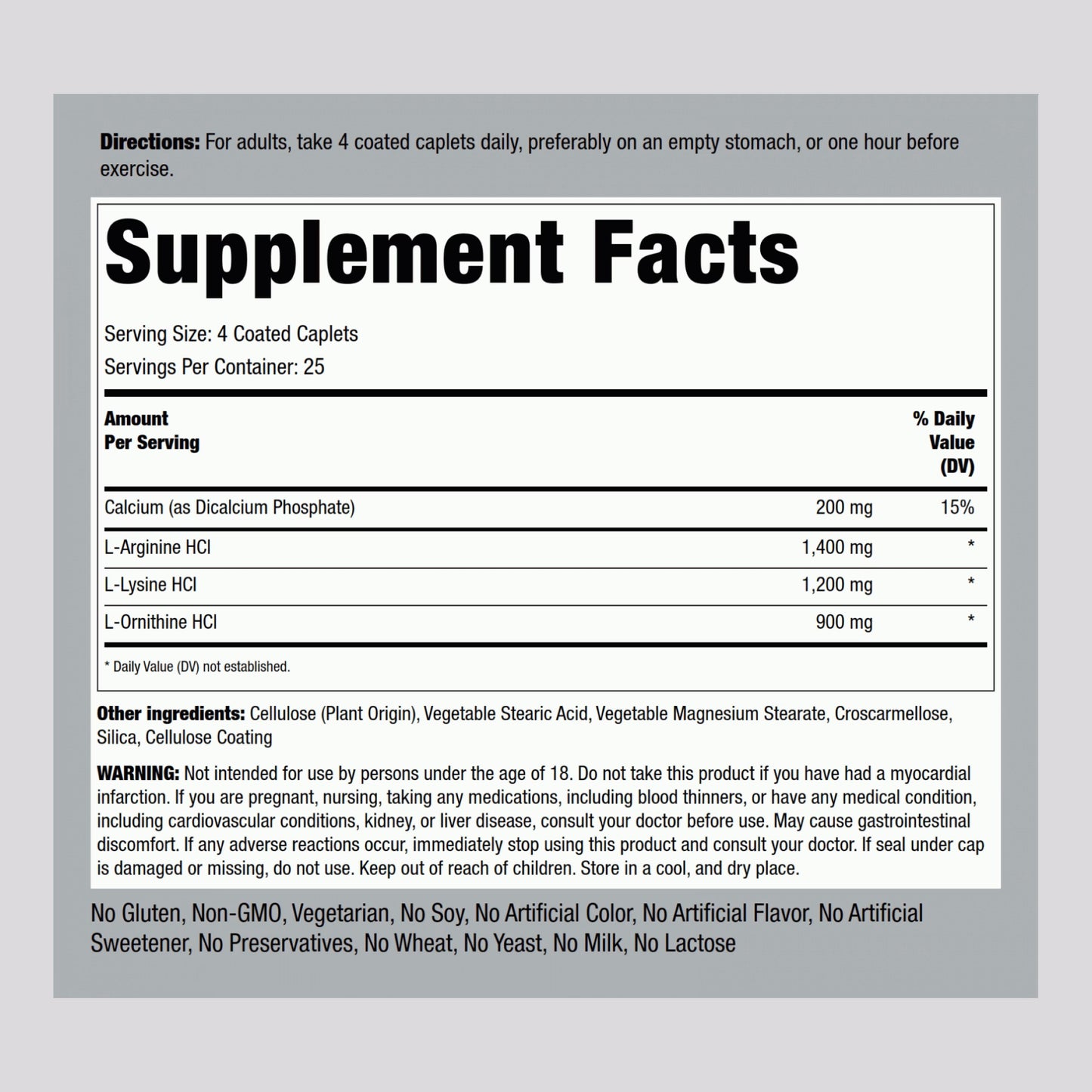 Tri Amino L-Arginine L-Ornithine L-Lysine, 100 Coated Caplets