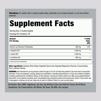 Tri Amino L-Arginine L-Ornithine L-Lysine, 100 Coated Caplets