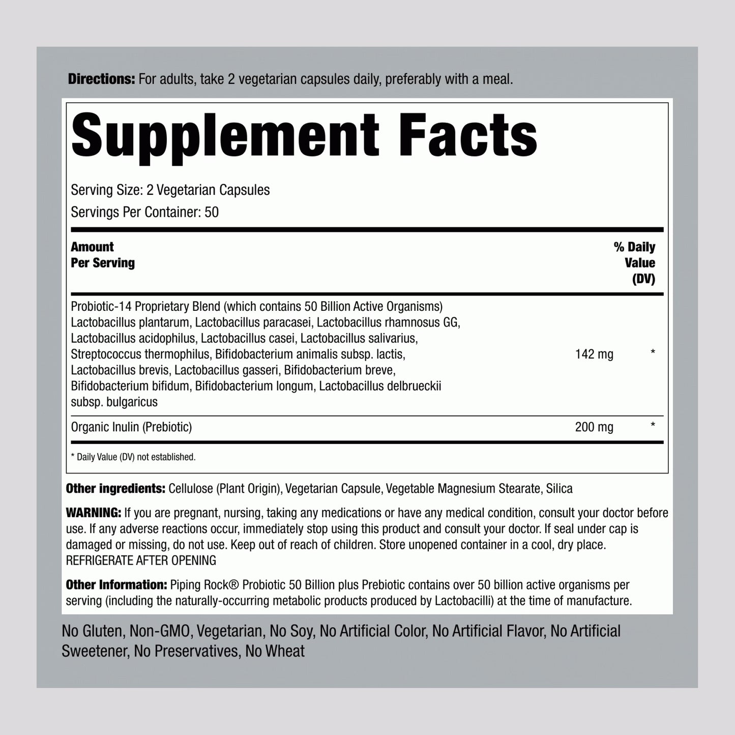 Probiotic 14 Strains 50 Billion Organisms plus Prebiotic, 100 Vegetarian Capsules