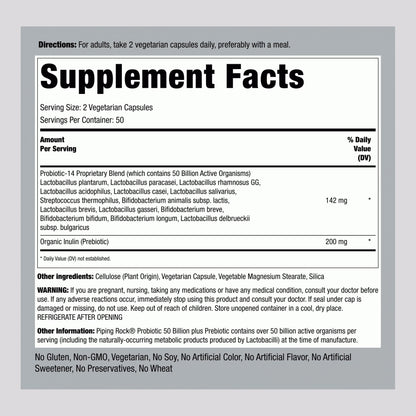 Probiotic 14 Strains 50 Billion Organisms plus Prebiotic, 100 Vegetarian Capsules