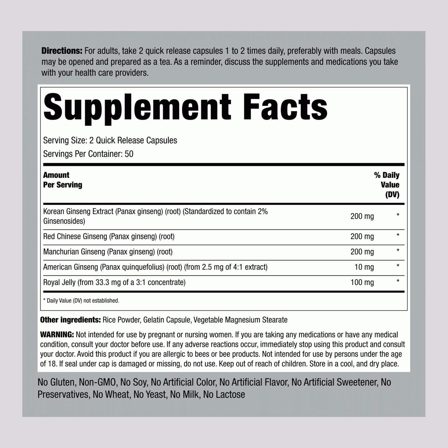 Super Ginseng Complex Plus Royal Jelly, 100 Quick Release Capsules