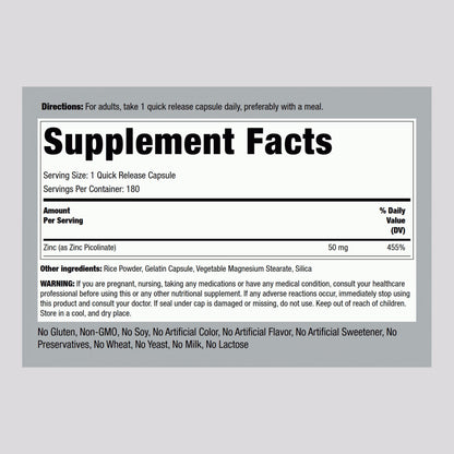 Zinc Picolinate (High Absorption Zinc), 50 mg, 180 Quick Release Capsules